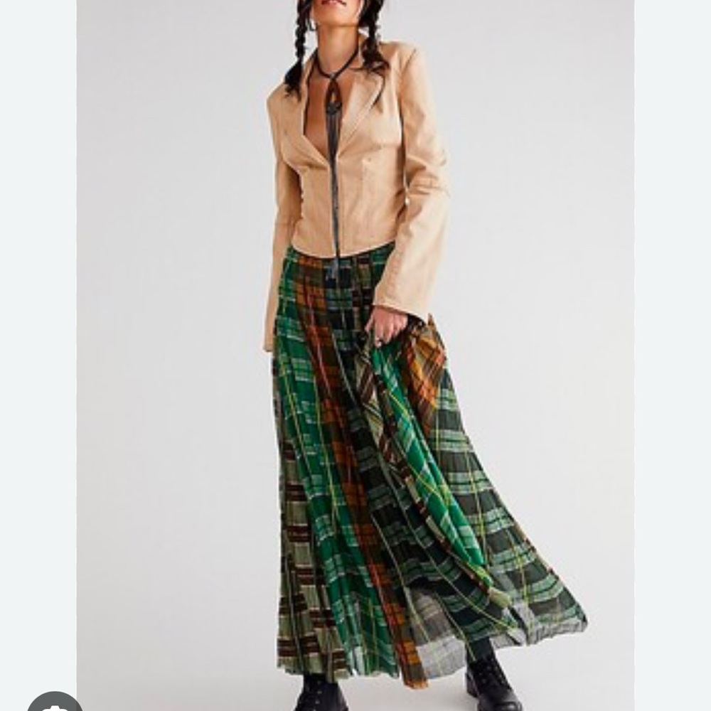 Green and Black Pleated Maxi Skirt A-Line Casual